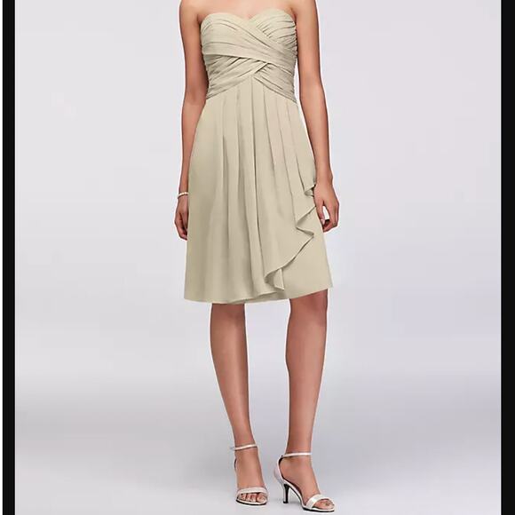 David's Bridal Short Crinkle Chiffon Dress Front Cascade Navy Strapless Mini - Picture 12 of 13